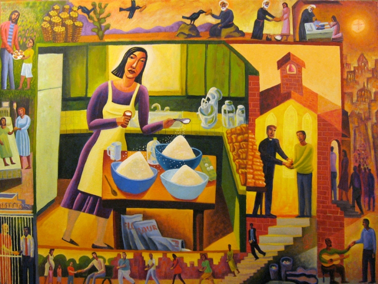 James B. Janknegt: Parable of the Leaven. The Feeding of the Multitude is depicted in the upper left, and from there bread gets shared in a variety of ways; birds carry it, priests and laypeople hand it out, prisoners and the sick get fed.